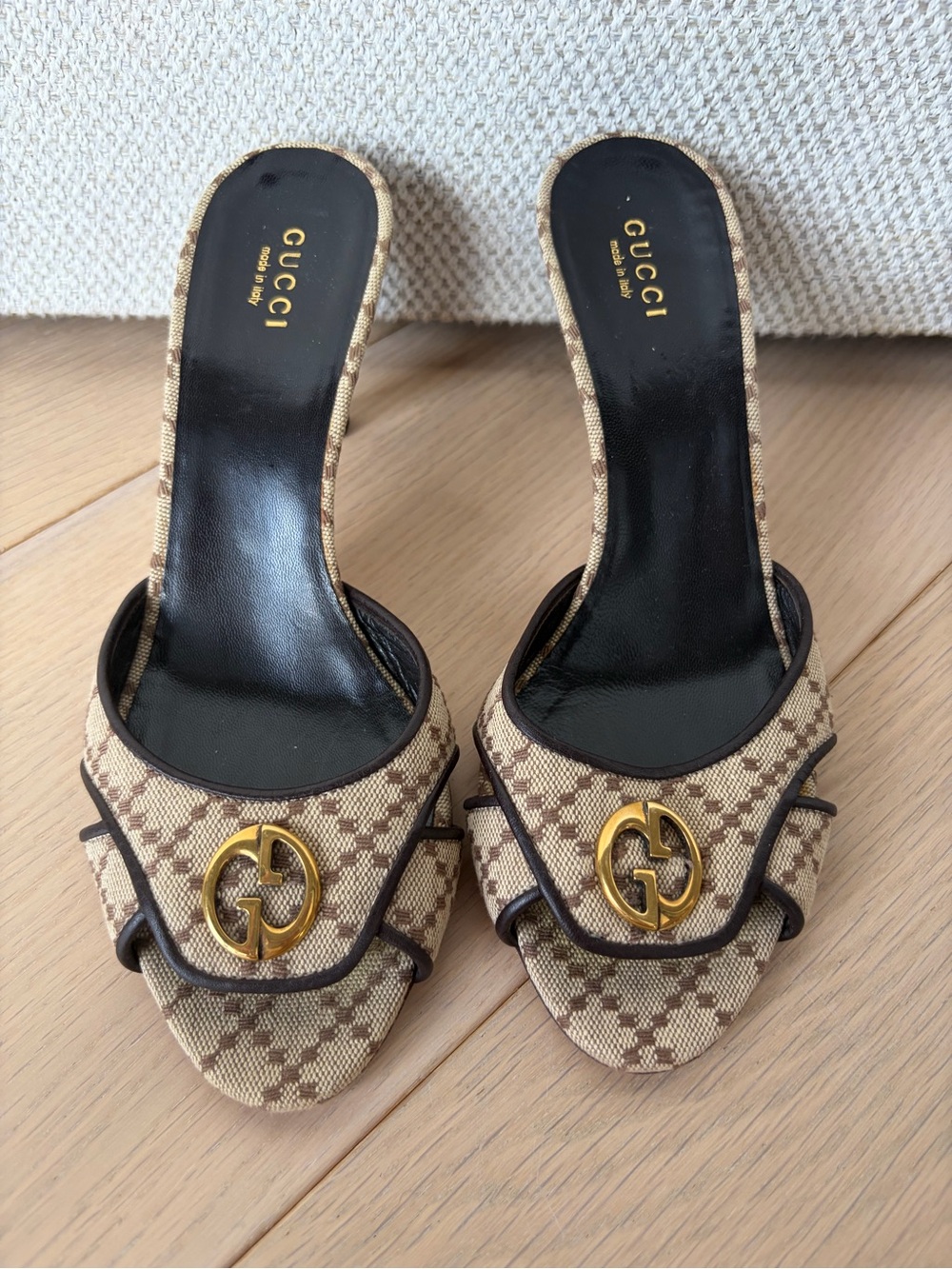 Gucci Beige Brown GG Canvas Heel Sandal Mules with GG Gold Logo - Authentic